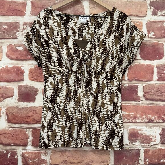 Chaus Top Shirt Women's XL Brown White Abstract Stretchy Casual Popover - Picture 1 of 8